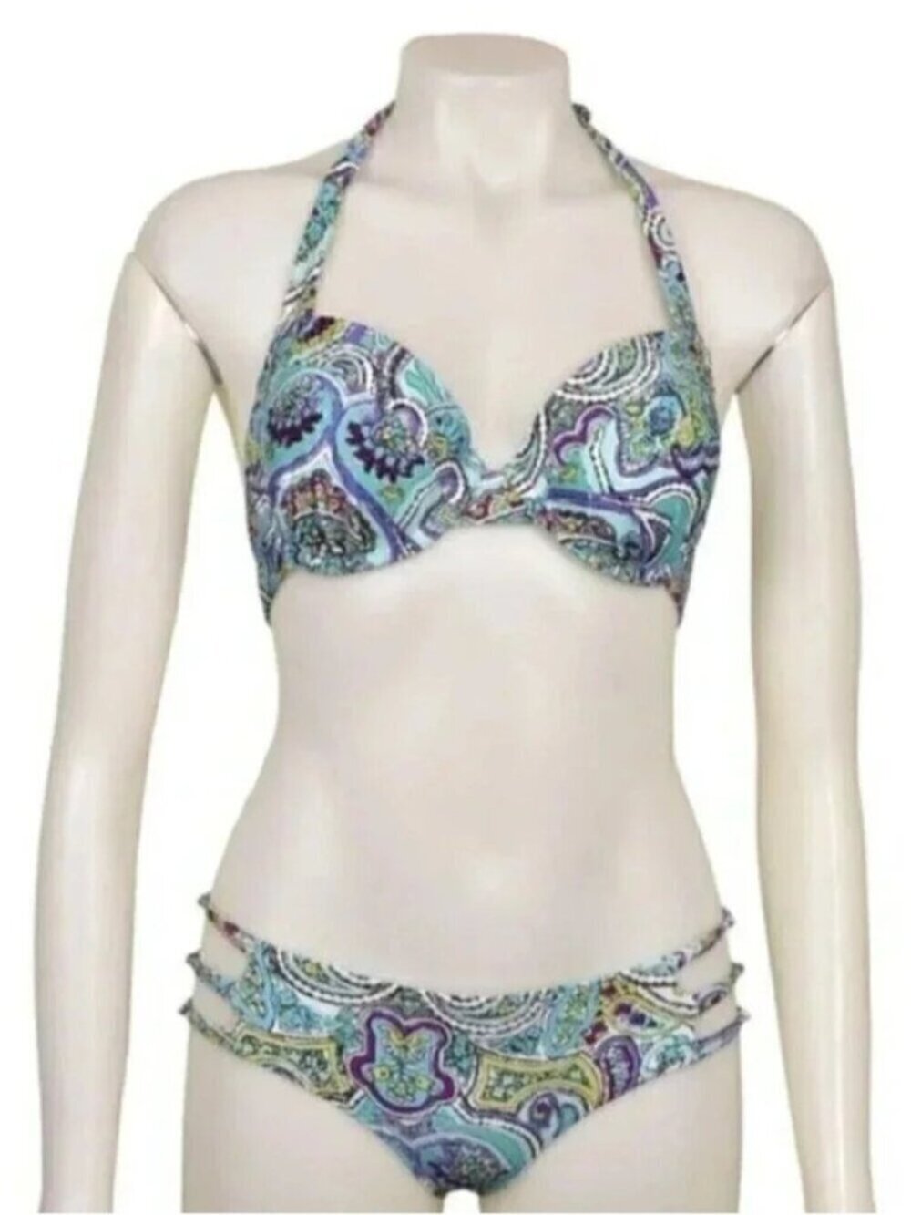 Aerie Bikini Set 2 Piece Halter Blue Paisley Cut Outs Underwire Swim Beach 34D